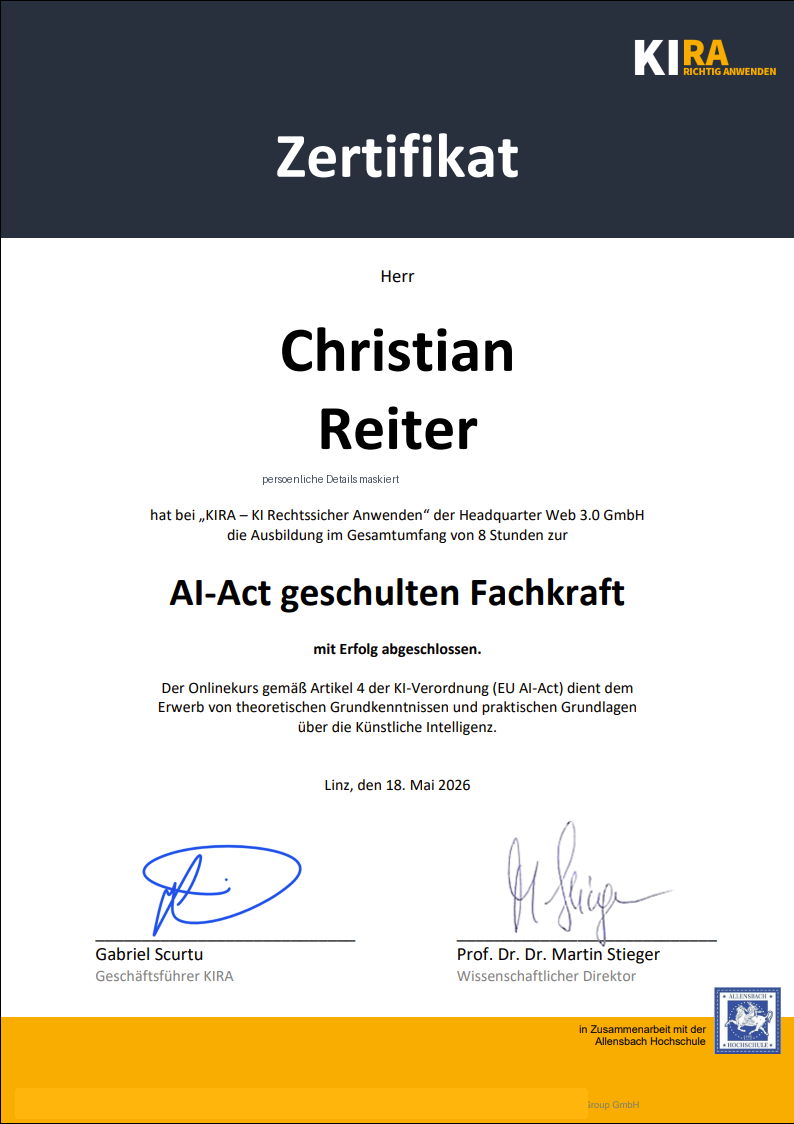 AI-Act geschulte Fachkraft Zertifikat maskiert